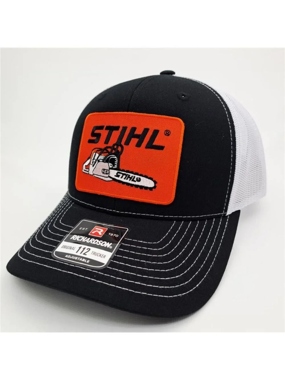 Retro Chainsaw Forestry Patch Black White Richardson 112 Trucker Hat Embroidered